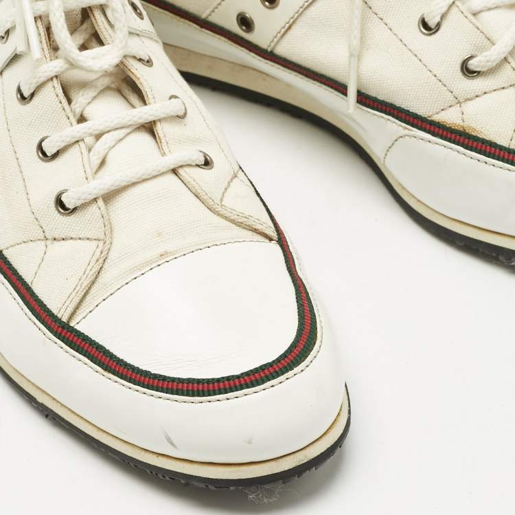 Pre Owned Gucci White Canvas and Leather High Top Sneakers Size 38.5