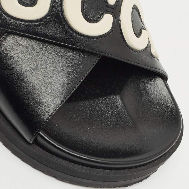 Pre Owned Gucci Black/White Leather Slingback Flat Sandals Size 38.5