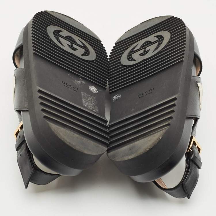 Pre Owned Gucci Black/White Leather Slingback Flat Sandals Size 38.5
