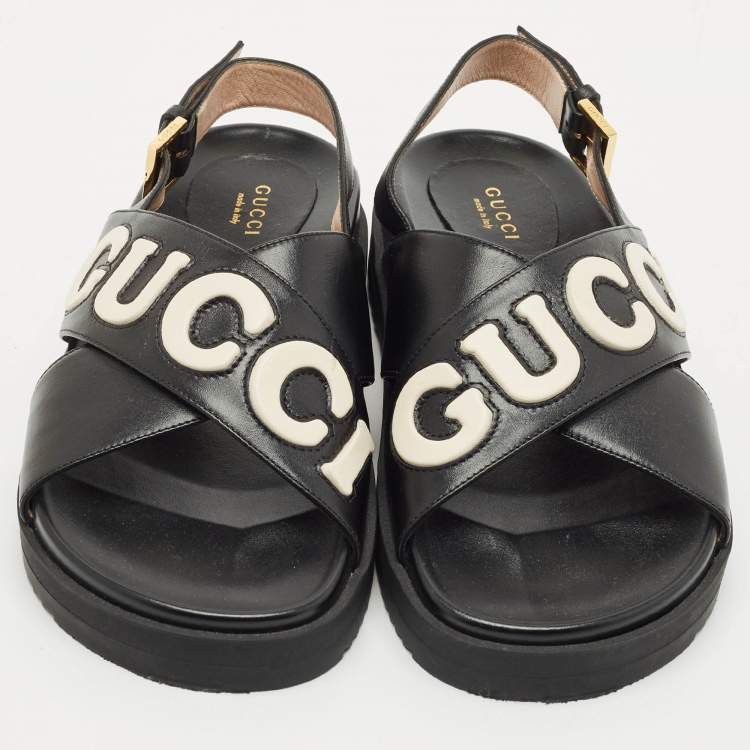 Pre Owned Gucci Black/White Leather Slingback Flat Sandals Size 38.5