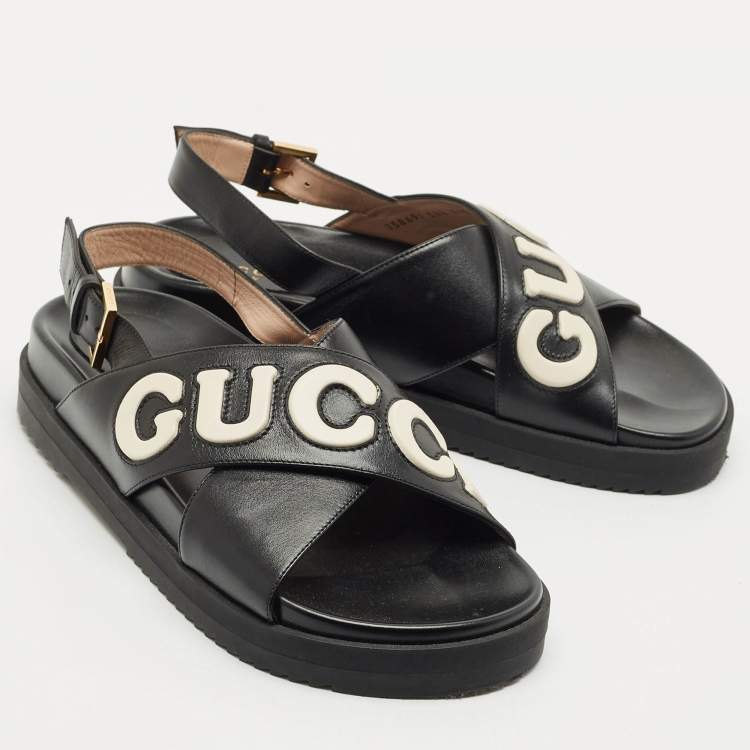 Pre Owned Gucci Black/White Leather Slingback Flat Sandals Size 38.5