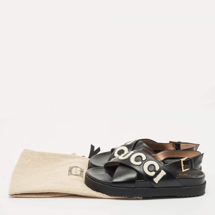 Pre Owned Gucci Black/White Leather Slingback Flat Sandals Size 38.5