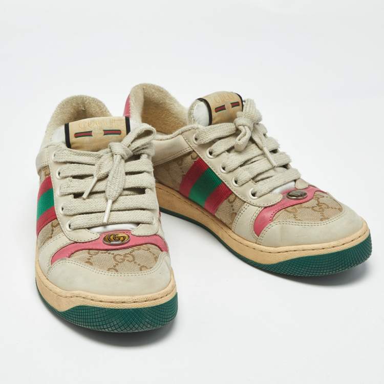 Pre Owned Gucci Multicolor Nubuck Leather and GG Canvas Screener Sneakers Size 37.5