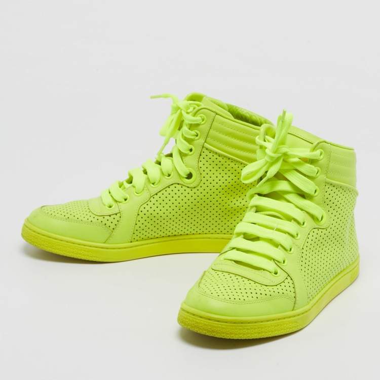 Pre Owned Gucci Neon Yellow Perforated Leather Coda High Top Sneakers Size 35.5