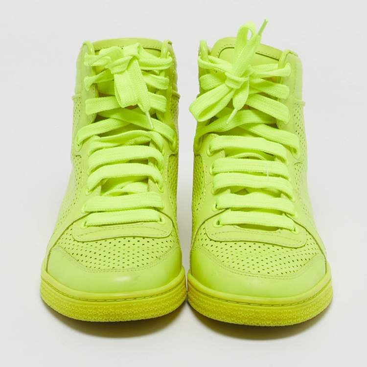 Pre Owned Gucci Neon Yellow Perforated Leather Coda High Top Sneakers Size 35.5