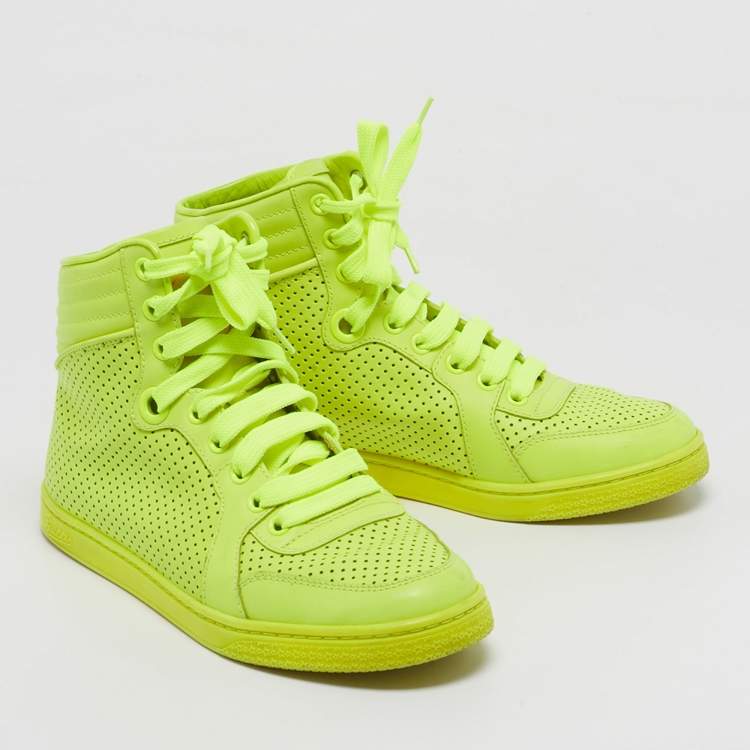 Pre Owned Gucci Neon Yellow Perforated Leather Coda High Top Sneakers Size 35.5