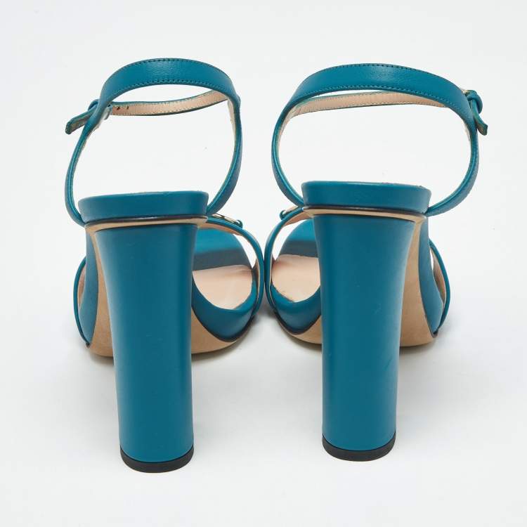 Pre Owned Gucci Blue Leather Horsebit Ankle Strap Sandals Size 37.5