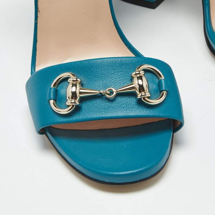 Pre Owned Gucci Blue Leather Horsebit Ankle Strap Sandals Size 37.5