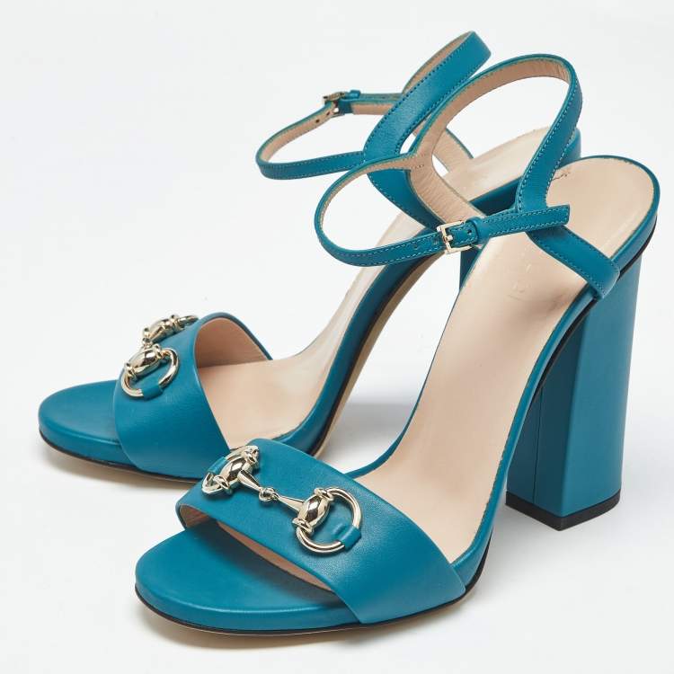 Pre Owned Gucci Blue Leather Horsebit Ankle Strap Sandals Size 37.5