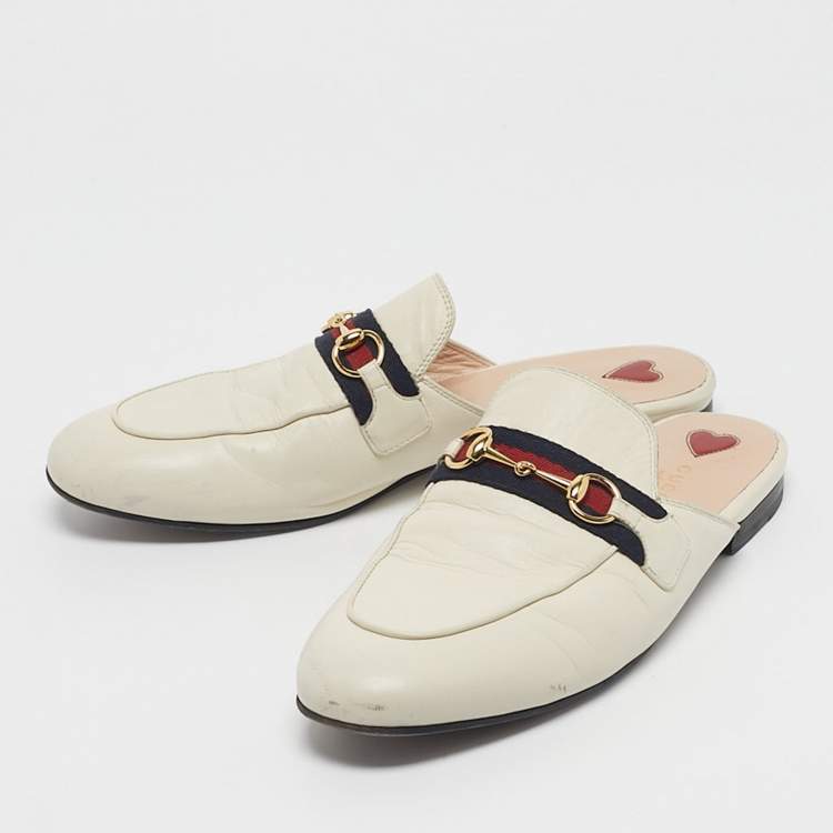 Pre Owned Gucci Off White Leather Princetown Flat Mules Size 38.5