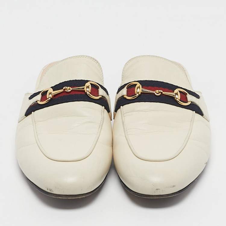 Pre Owned Gucci Off White Leather Princetown Flat Mules Size 38.5