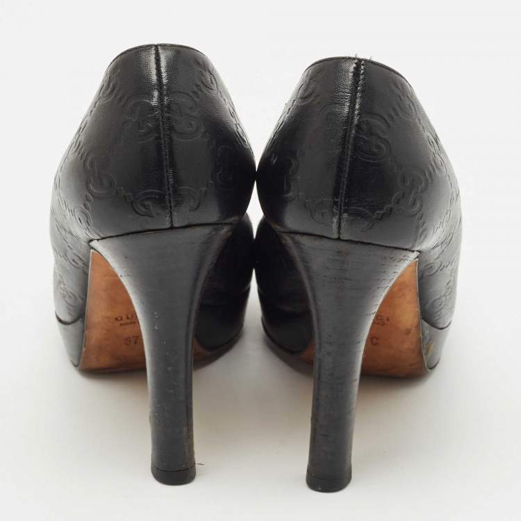 Pre Owned Gucci Black Guccissima Leather Horsebit Peep Toe Pumps Size 37