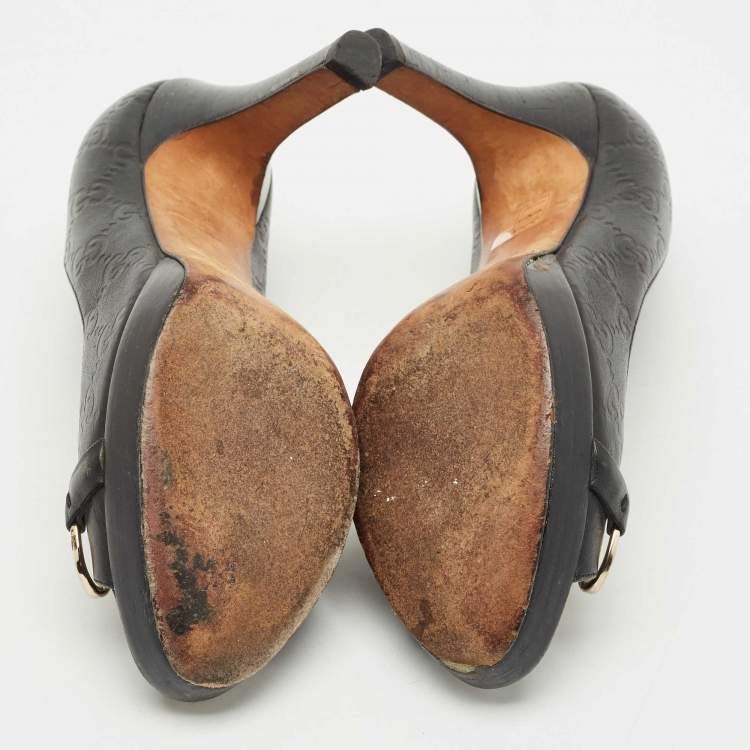 Pre Owned Gucci Black Guccissima Leather Horsebit Peep Toe Pumps Size 37