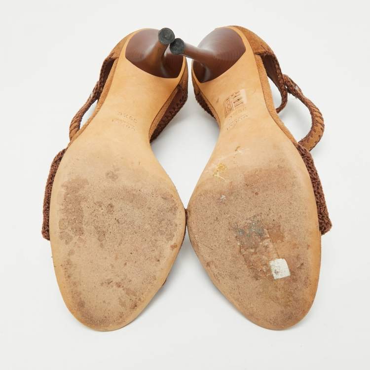 Pre Owned Gucci Dark Brown Suede and Knit Fabric T-Strap Sandals Size 39.5
