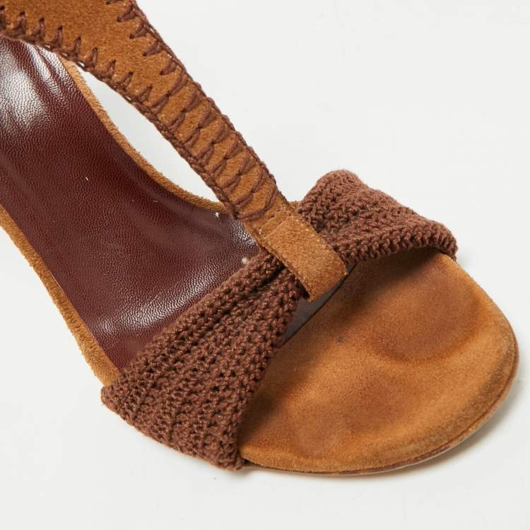 Pre Owned Gucci Dark Brown Suede and Knit Fabric T-Strap Sandals Size 39.5