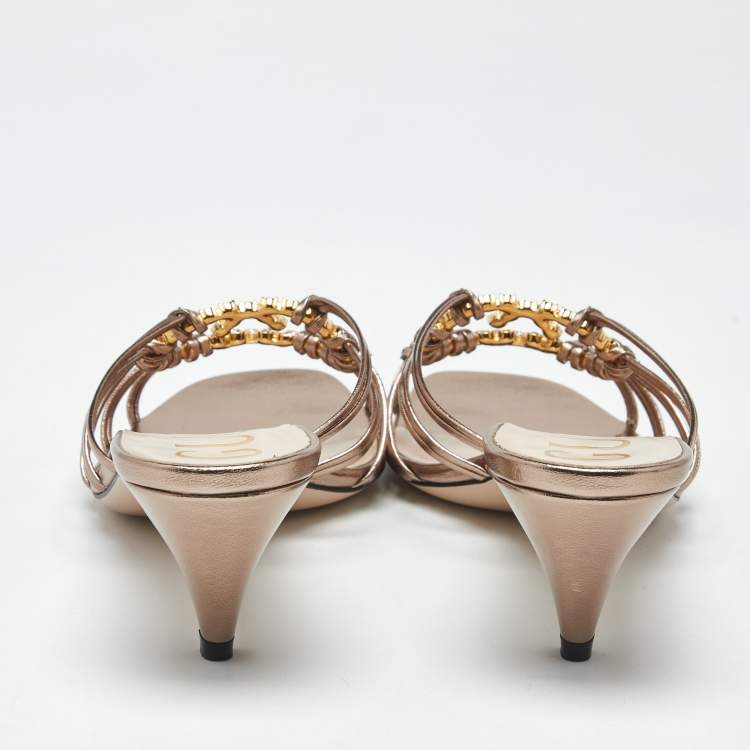 Pre Owned Gucci Rose Gold Leather Interlocking G Slide Sandals Size 36.5