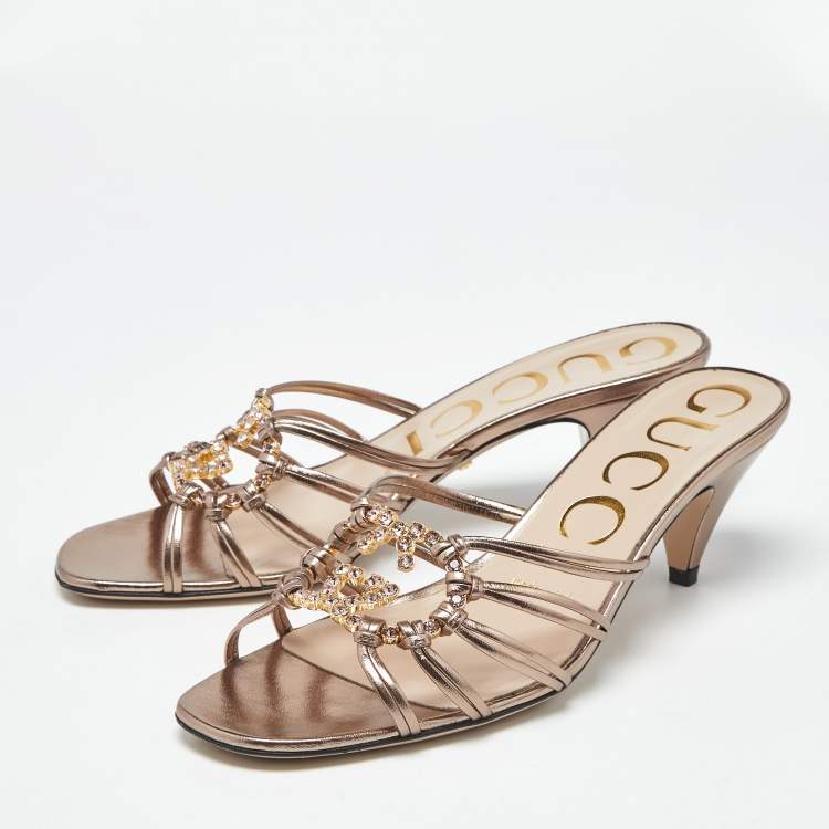 Pre Owned Gucci Rose Gold Leather Interlocking G Slide Sandals Size 36.5