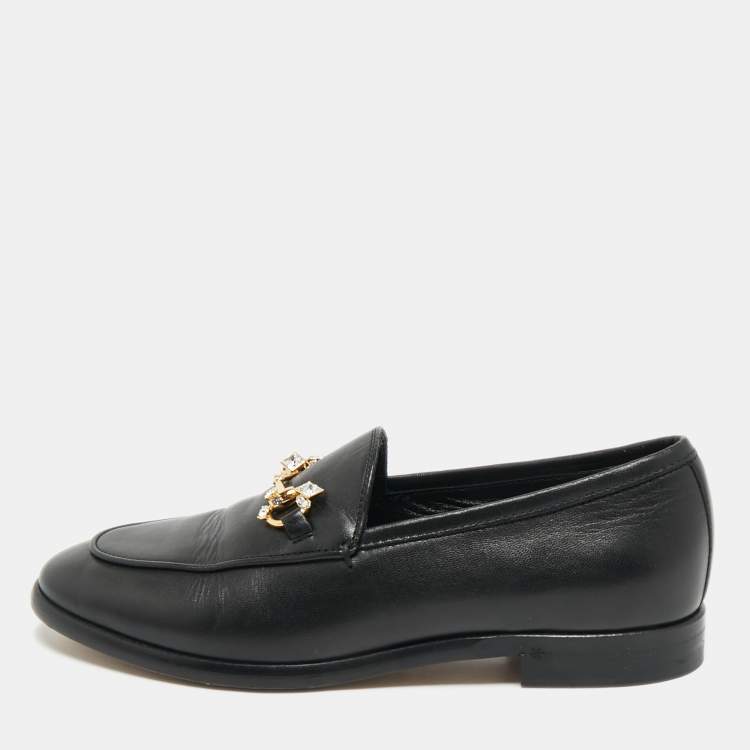 Pre Owned Gucci Black Leather Jordaan Crystal Embellished Loafers Size 35