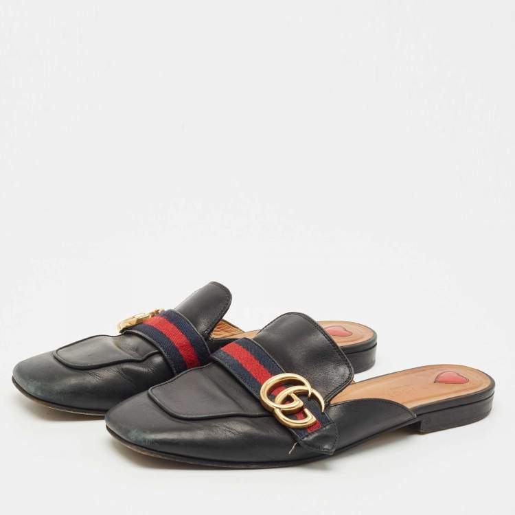 Pre Owned Gucci Black Leather Peyton GG Web Mules Size 38
