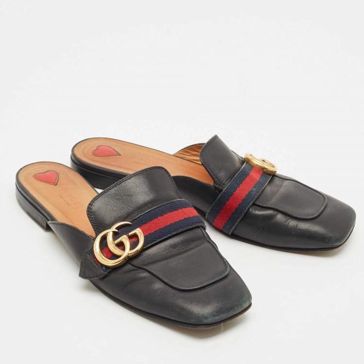 Pre Owned Gucci Black Leather Peyton GG Web Mules Size 38