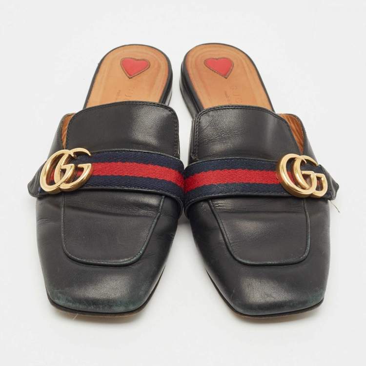 Pre Owned Gucci Black Leather Peyton GG Web Mules Size 38
