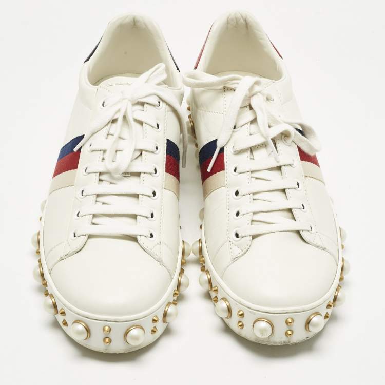 Pre Owned Gucci White Leather Pearl Studded Ace Sneakers Size 41