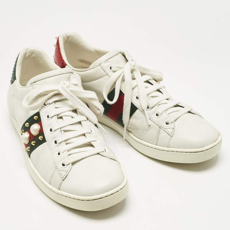 Pre Owned Gucci White Leather Pearl Studded Ace Sneakers Size 37.5