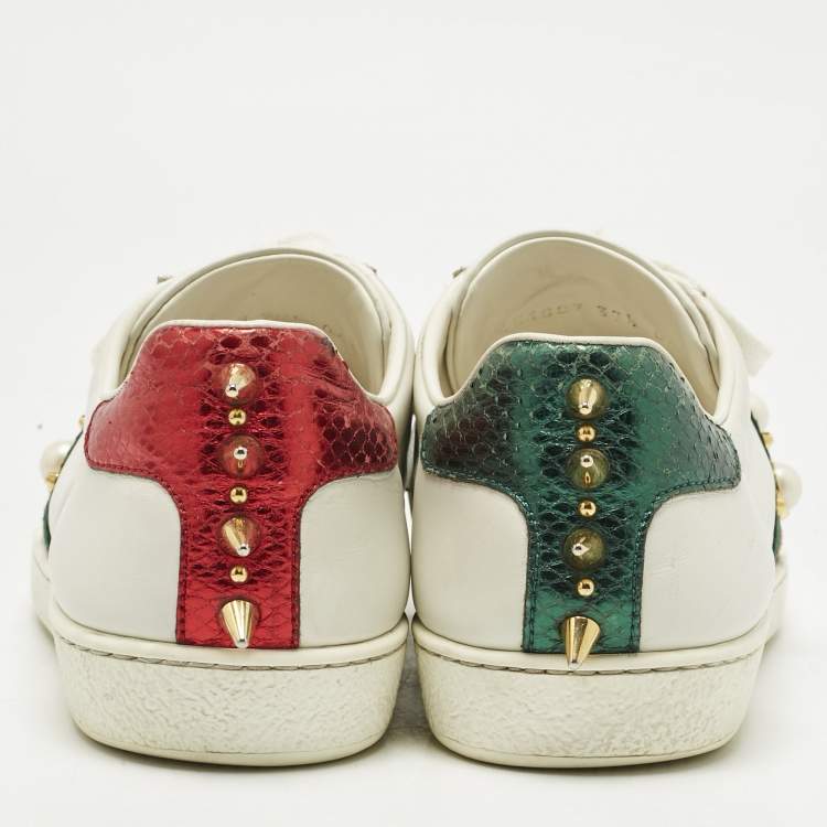 Pre Owned Gucci White Leather Pearl Studded Ace Sneakers Size 37.5