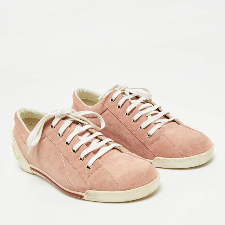 Pre Owned Gucci Pink Suede Script Logo Lace Up Sneakers Size 39