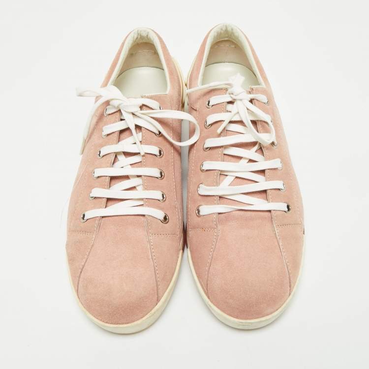 Pre Owned Gucci Pink Suede Script Logo Lace Up Sneakers Size 39