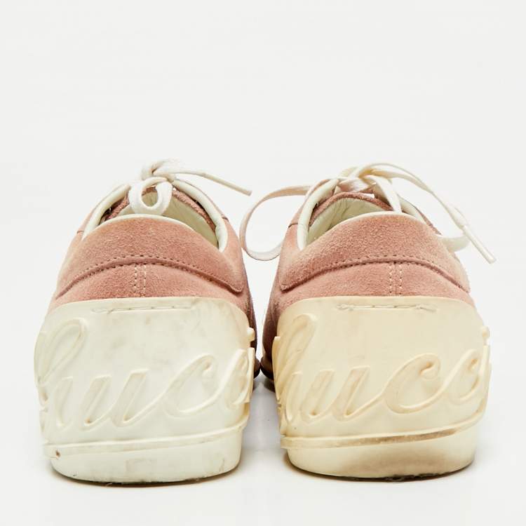 Pre Owned Gucci Pink Suede Script Logo Lace Up Sneakers Size 39