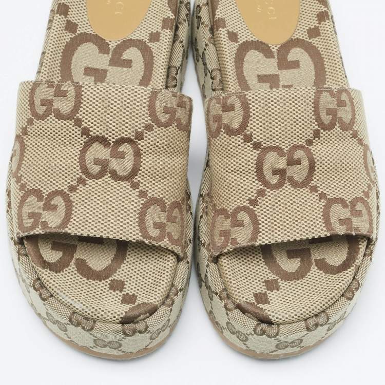 Pre Owned Gucci Beige GG Supreme Canvas Angelina Platform Sandals Size 38