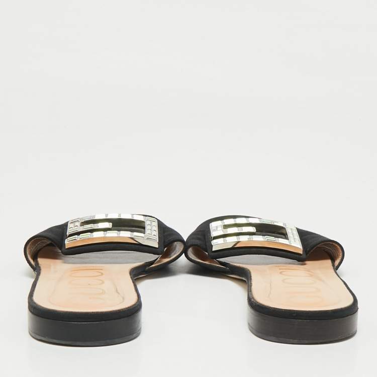 Pre Owned Gucci Black Canvas Crystal G Flat Sandals Size 39