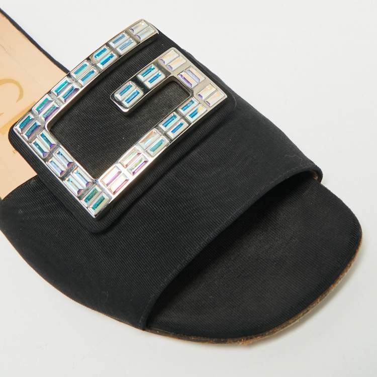 Pre Owned Gucci Black Canvas Crystal G Flat Sandals Size 39