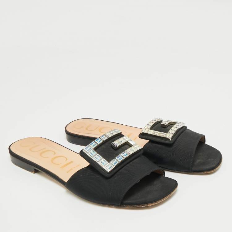 Pre Owned Gucci Black Canvas Crystal G Flat Sandals Size 39