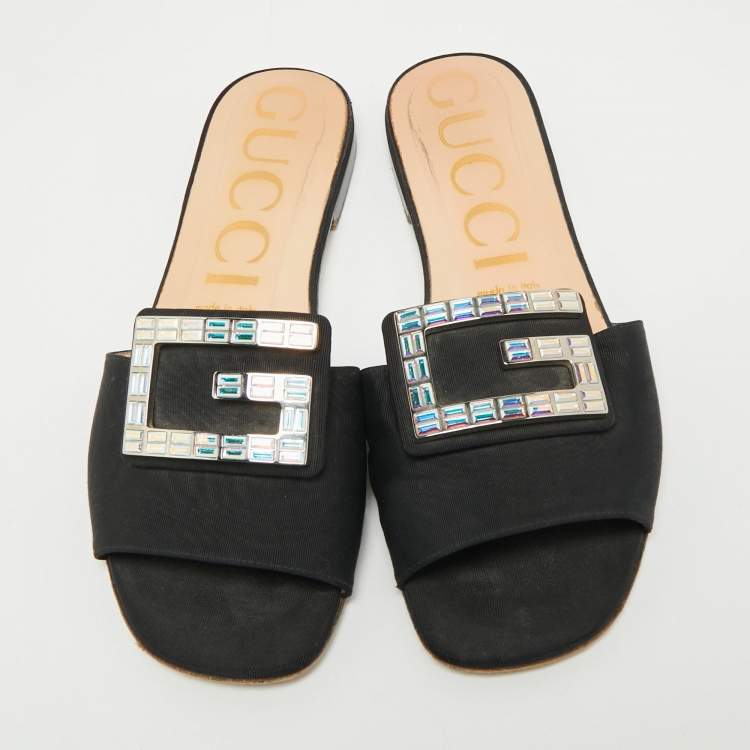Pre Owned Gucci Black Canvas Crystal G Flat Sandals Size 39