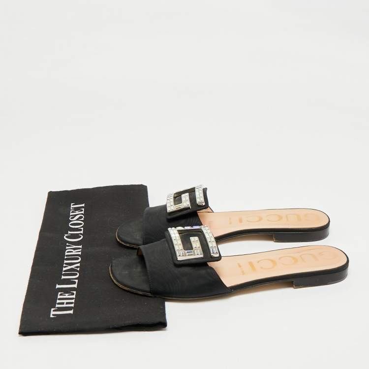 Pre Owned Gucci Black Canvas Crystal G Flat Sandals Size 39