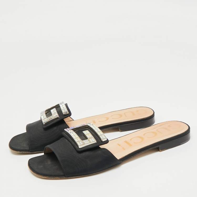 Pre Owned Gucci Black Canvas Crystal G Flat Sandals Size 39