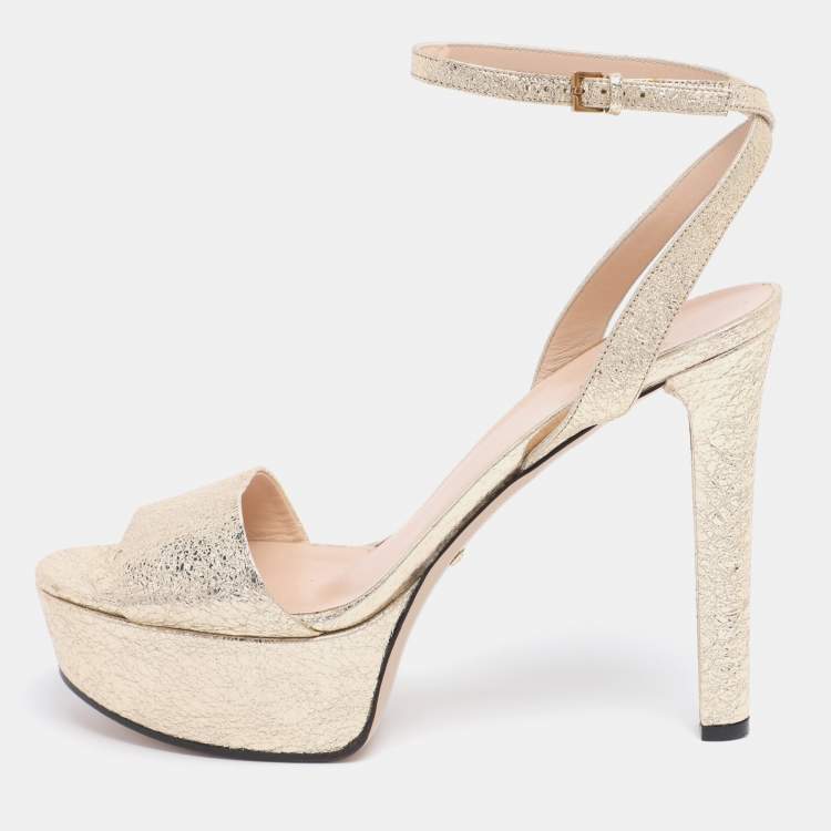 Pre Owned Gucci Gold Crinkled Patent Leather Platform Ankle Strap Sandals Size 41