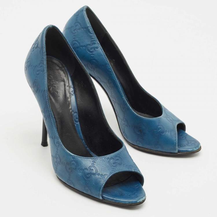 Pre Owned Gucci Blue Guccissima Leather Peep Toe Pumps Size 36