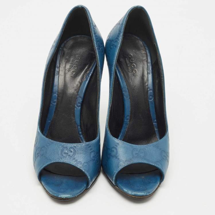 Pre Owned Gucci Blue Guccissima Leather Peep Toe Pumps Size 36