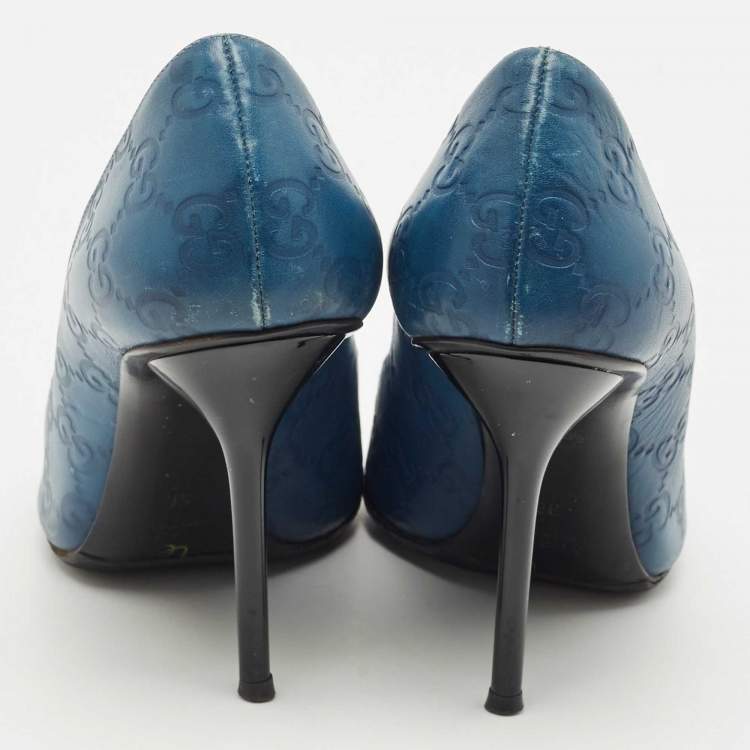 Pre Owned Gucci Blue Guccissima Leather Peep Toe Pumps Size 36