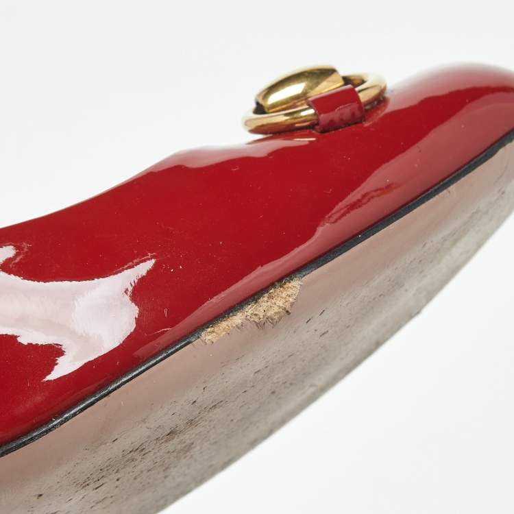 Pre Owned Gucci Red Patent Leather Jolene Horsebit Pumps Size 39