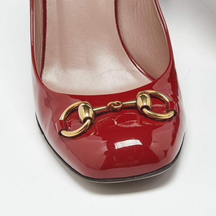 Pre Owned Gucci Red Patent Leather Jolene Horsebit Pumps Size 39