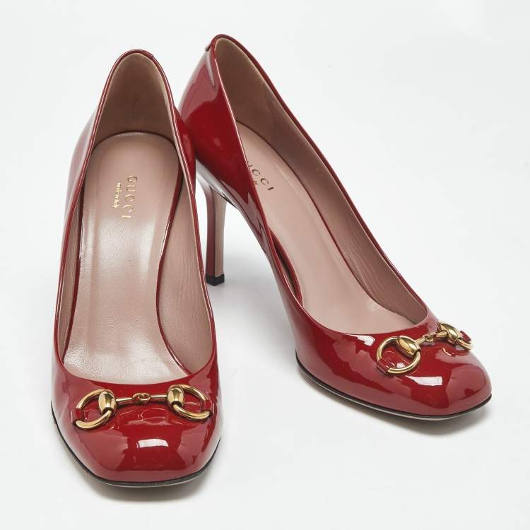 Pre Owned Gucci Red Patent Leather Jolene Horsebit Pumps Size 39
