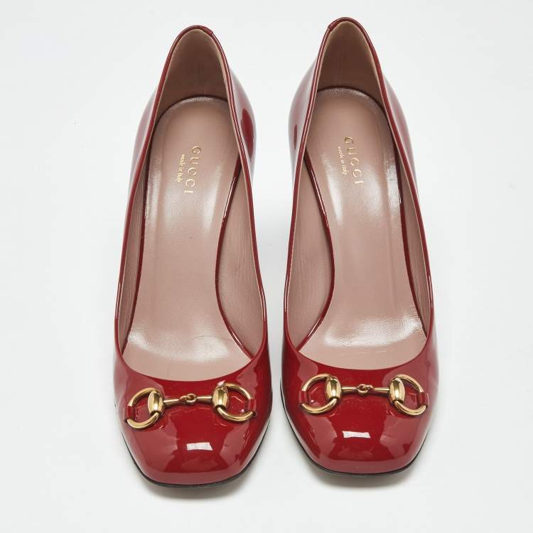 Pre Owned Gucci Red Patent Leather Jolene Horsebit Pumps Size 39