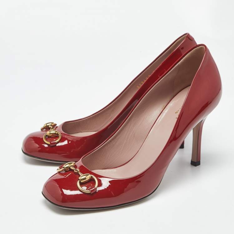 Pre Owned Gucci Red Patent Leather Jolene Horsebit Pumps Size 39