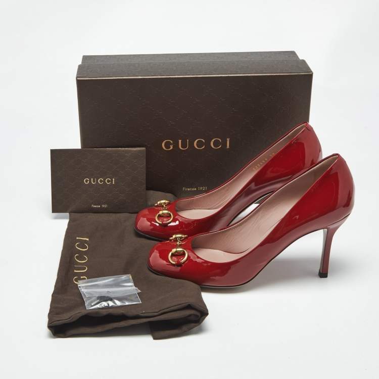 Pre Owned Gucci Red Patent Leather Jolene Horsebit Pumps Size 39