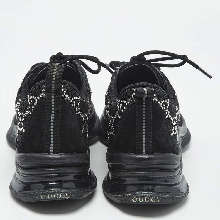 Pre Owned Gucci Black Mesh and Suede Run Crystal Embellished Sneakers Size 38