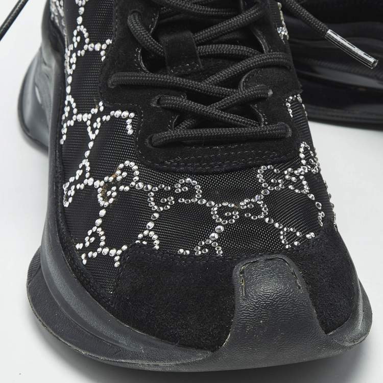Pre Owned Gucci Black Mesh and Suede Run Crystal Embellished Sneakers Size 38